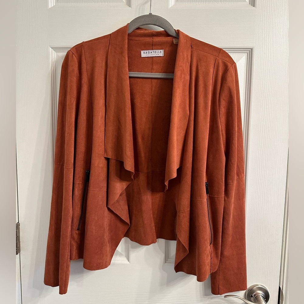 Bagatelle | rust orange faux suede drape front jacket